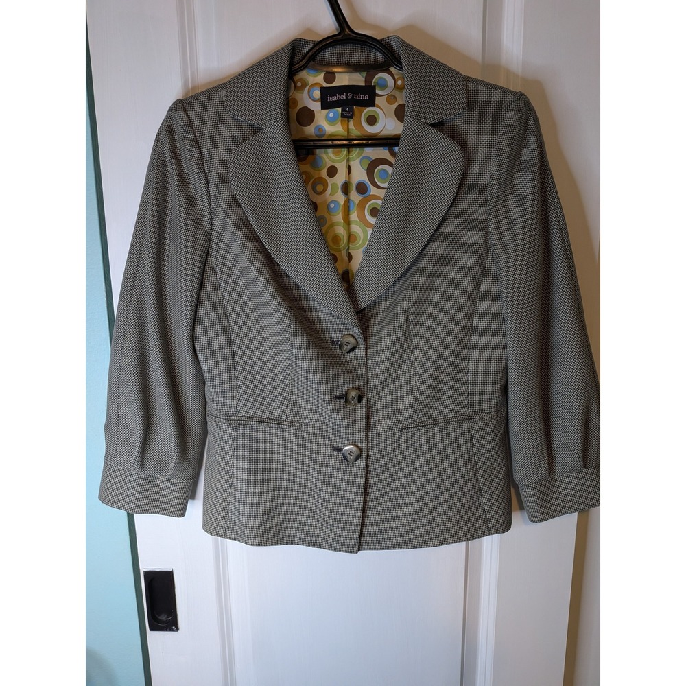Isabel & Nina Womens Brown Houndstooth 3/4 Puff Sleeve Blazer Jacket Size 4